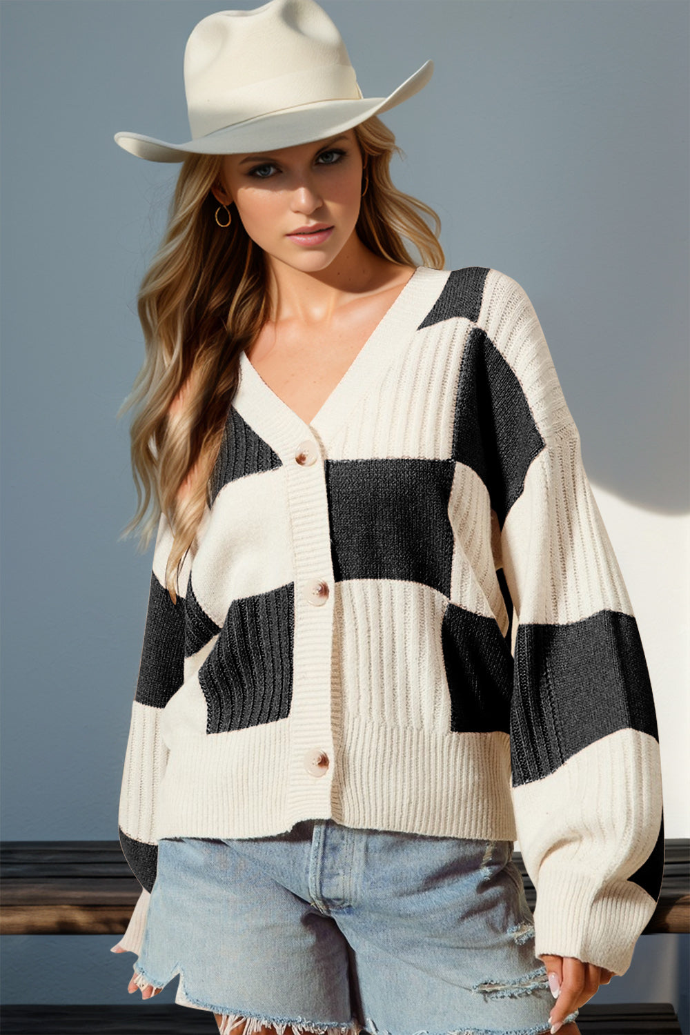 Double Take Full Size Checkered Dropped Shoulder Cardigan