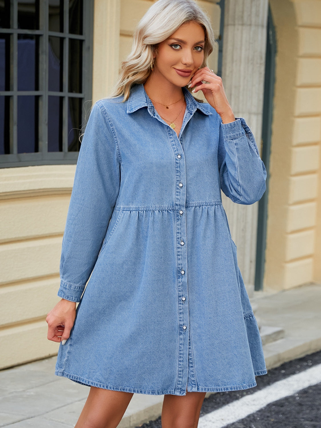 Tiered Button Up Long Sleeve Denim Dress