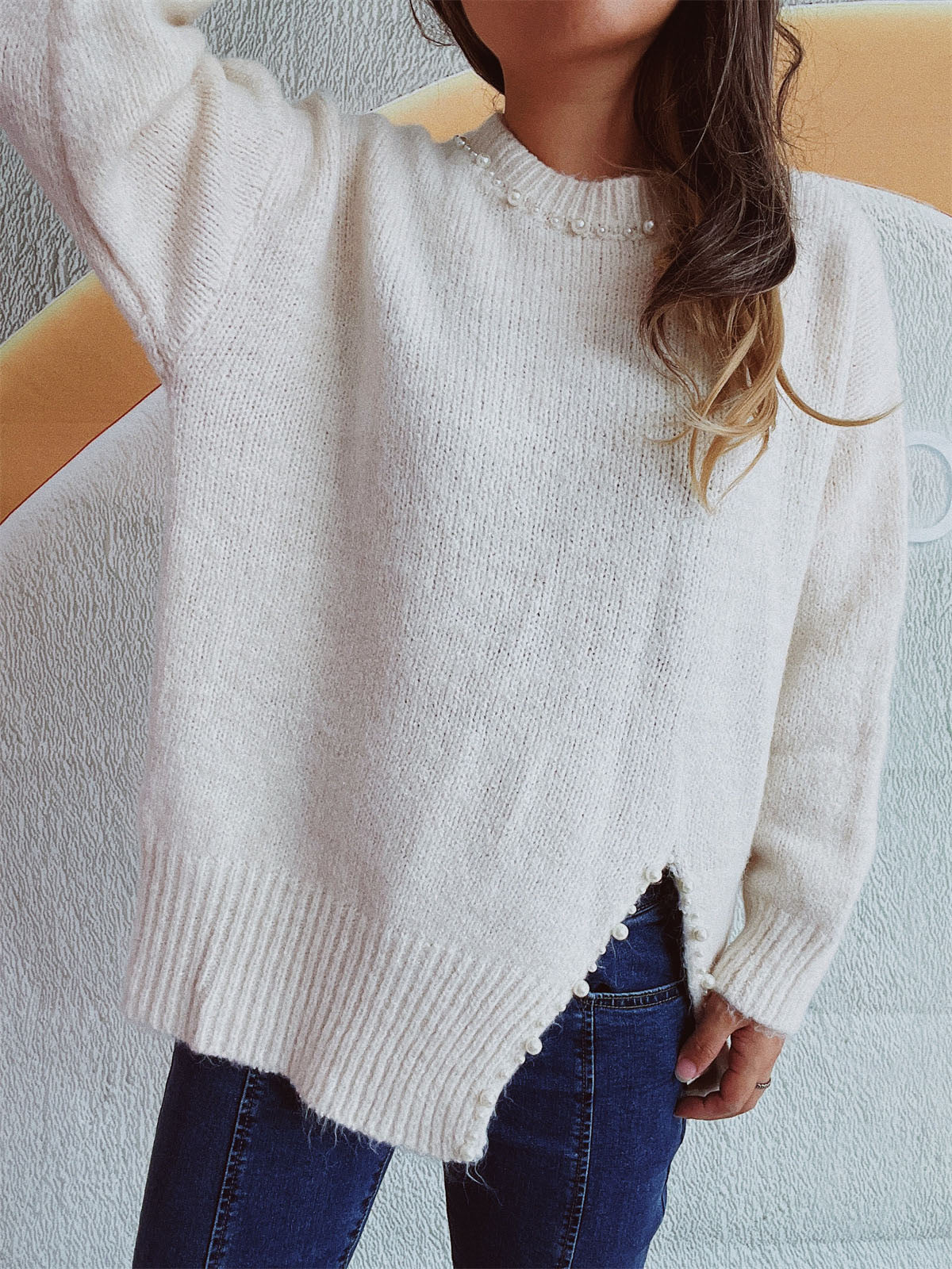 Slit Pearl Trim Round Neck Long Sleeve Sweater