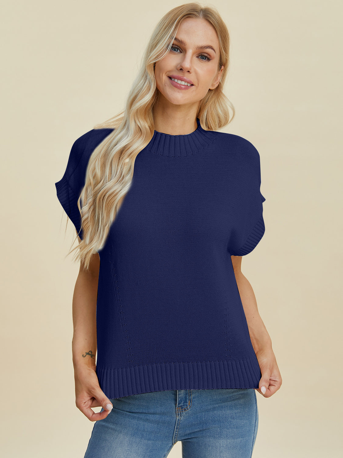 Double Take Full Size Mock Neck Short Sleeve Sweater