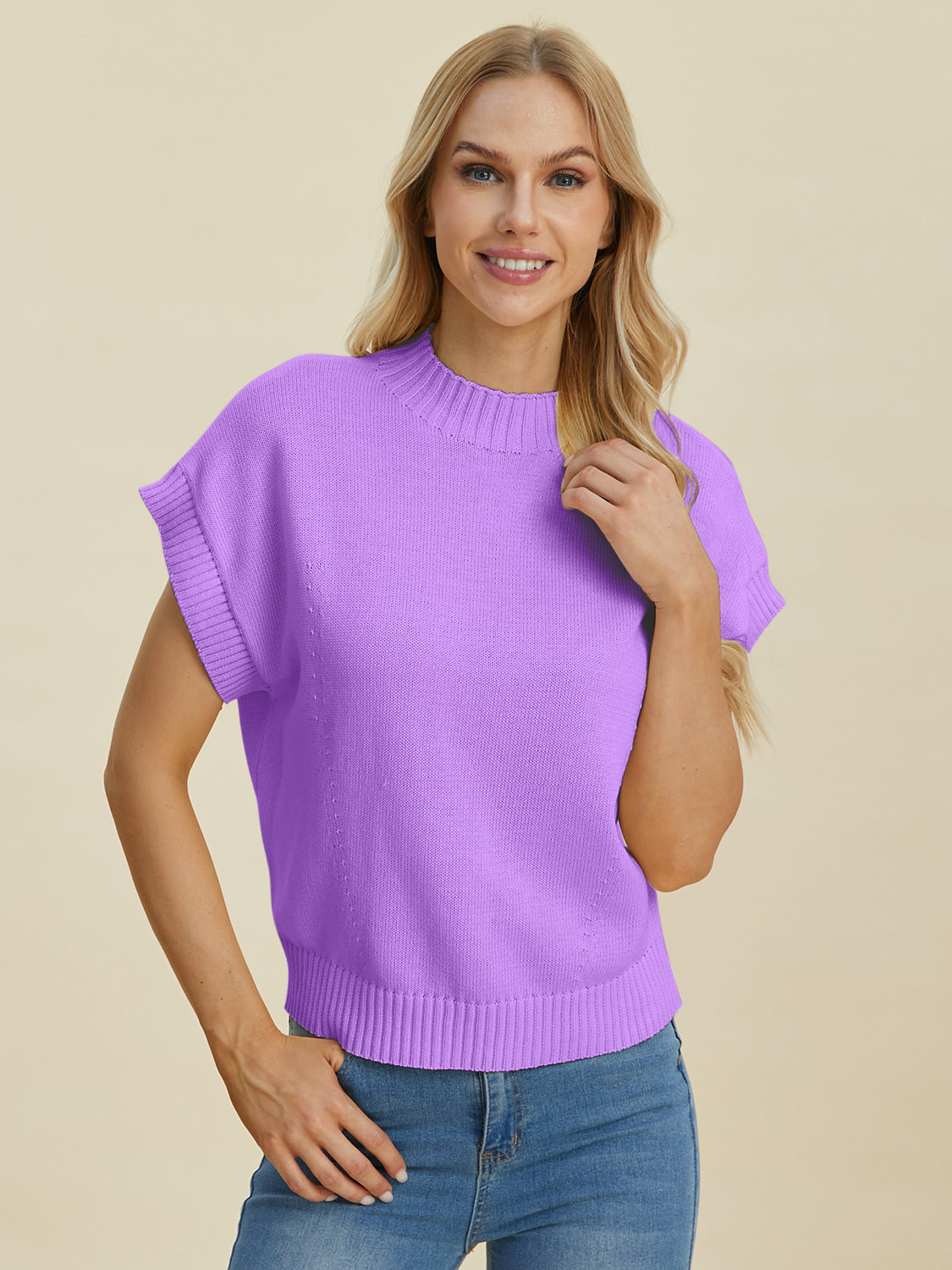 Double Take Full Size Mock Neck Short Sleeve Sweater