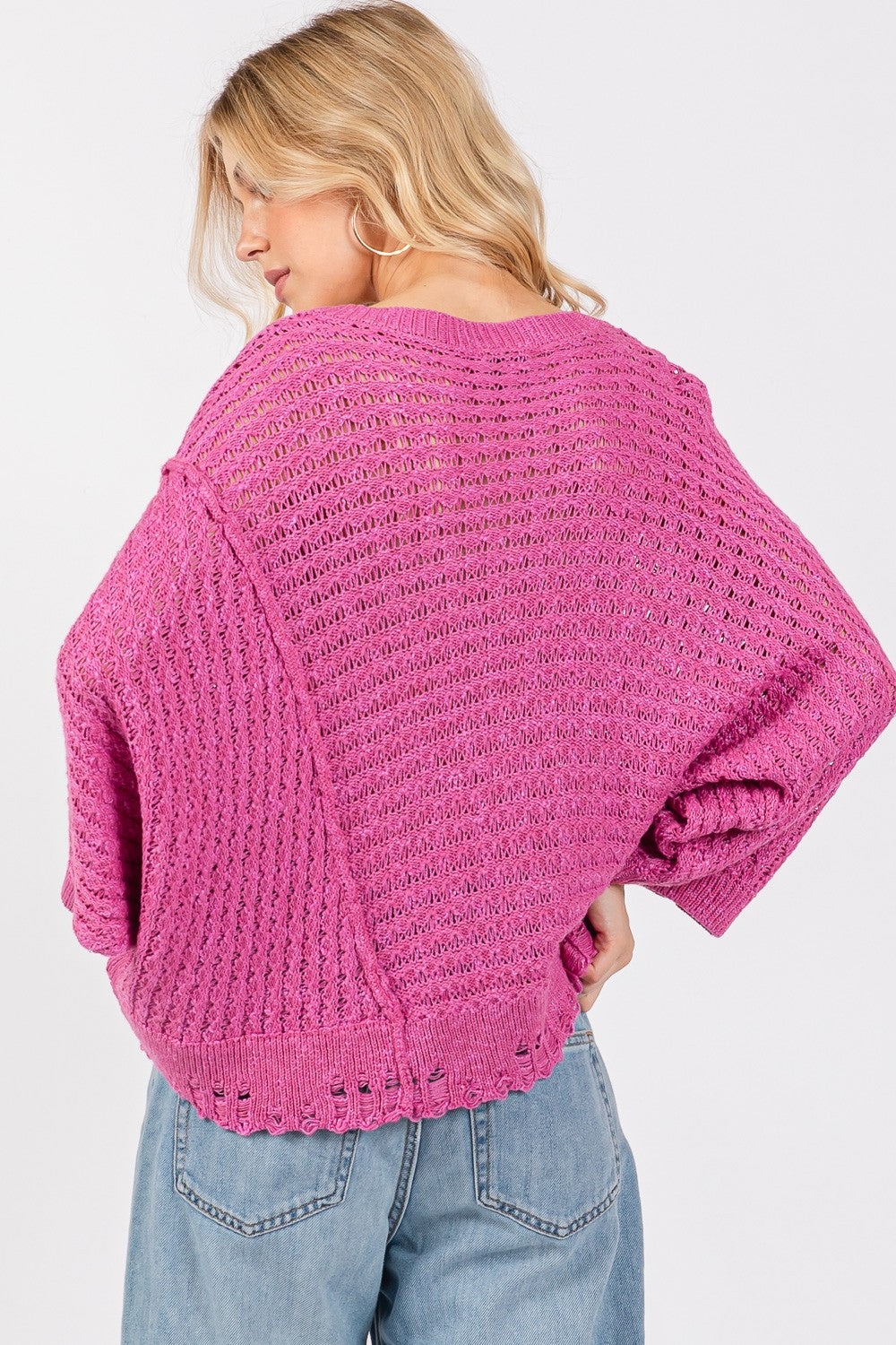 SAGE + FIG Distressed Asymmetrical Open Stitch Sweater