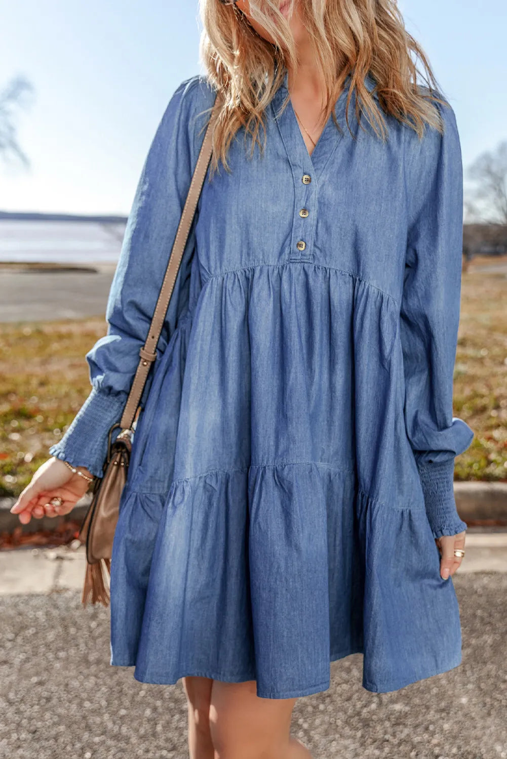 Tiered Johnny Collar Long Sleeve Denim Dress