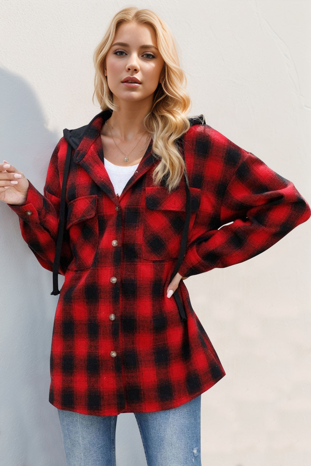 Double Take Drawstring Plaid Long Sleeve Hooded Shacket